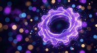 Glowing purple neon gear wheel with electric energy effects and sparkling particles on dark bokeh background for technology and innovation concepts.