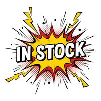Comic book style explosion burst with IN STOCK text in bold letters. Pop art design with yellow red colors and halftone dots for retail advertising.
