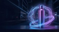 Futuristic cosmetic bottle with holographic energy rings and neon lighting effects on dark technological background for skincare product advertising.