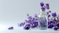 Aromatic lavender essential oil in glass bottle with fresh purple flowers on soft gray background for spa, wellness, and aromatherapy.