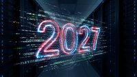 2027 neon glowing text with digital code and data streams flowing through dark server room environment, representing future technology and innovation.