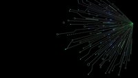 Digital network connections radiating outward with glowing nodes and data pathways on black background for technology presentations and cyber concepts.