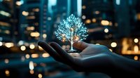 Glowing holographic tree floating above open palm against blurred urban nightscape background with bokeh lights, symbolizing environmental sustainability.