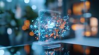 Futuristic smart home automation concept with glowing holographic interface displaying connected devices and data analytics on blurred background with bokeh lights.