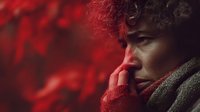 Pensive young woman with curly hair against red autumn foliage background, illuminated by dramatic red light, expressing deep emotion and contemplation.
