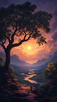 Dramatic sunset over mountain valley with winding river and silhouetted tree in foreground, purple and orange sky illuminates peaceful natural landscape.