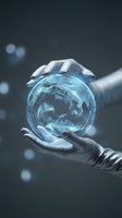 Hands protecting holographic Earth globe with digital grid pattern representing global environmental protection and sustainability concepts for business presentations.