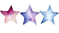 Watercolor cosmic stars in pink, purple and blue colors with galaxy texture and white highlights on isolated background for nursery decor and greeting cards.