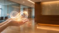 Young woman holding glowing infinity symbol in modern office space, representing sustainable business, circular economy, and endless growth potential for corporate concepts.
