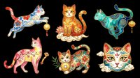 Colorful decorative cats with ornamental patterns, isolated on transparent background. Ready for t-shirt design, clipart, stickers, sublimation, print-on-demand products and digital crafts.
