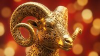 Golden ram figurine with ornate carved details and curved horns against warm bokeh background, suitable for luxury, wealth, prosperity, and decorative design projects.
