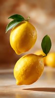 Fresh ripe yellow lemons with green leaves floating in air against brown background, macro shot with soft shadows and textured citrus skin.