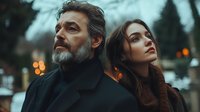 Dramatic portrait of mature bearded man and young brunette woman in winter coats standing back to back against blurred evening city background with bokeh lights.