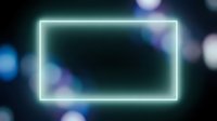 Neon glowing rectangle frame with cyan and blue light effects on dark blurred background. Isolated design element for digital projects, presentations, and creative layouts.