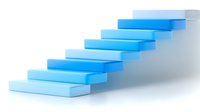 Blue gradient ascending steps on white background, minimalist geometric composition showing progress, growth and development concept for business presentations.