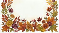 Autumn floral wreath frame with colorful fall leaves, chrysanthemums, rosehips, and acorns on white background, perfect for seasonal cards.