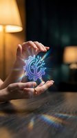 Hands protecting glowing holographic gear with tree symbol representing sustainable technology and environmental innovation in modern office setting.
