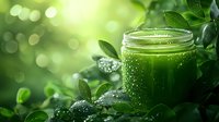 Fresh green smoothie in glass jar surrounded by natural leaves and morning dew drops against blurred bokeh background. Healthy detox drink concept.