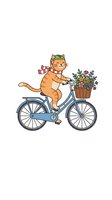 Orange cat riding bicycle with flower basket, wearing green headband and red scarf. Isolated clipart on white background for design, t-shirts, and creative projects.