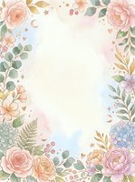 Watercolor floral frame with roses, peonies, and botanical elements surrounding a blank center space, featuring soft pastels, stars, and hearts for invitations and greeting cards.