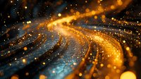 Magical golden light trail with glowing particles and bokeh effect on dark background creates mesmerizing abstract pattern for luxury designs and festive backgrounds.