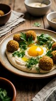 Homemade falafel with hummus and fried egg garnished with fresh herbs on rustic ceramic plate. Traditional Middle Eastern vegetarian meal on wooden table.