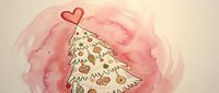 Watercolor Christmas tree with hand-drawn ornaments and red heart on soft pink wash background, festive holiday artwork for seasonal greeting cards and decorations.