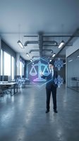 Professional businessman with digital justice scales hologram in modern office representing legal technology and corporate law compliance solutions.