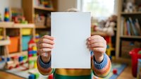 Child holding blank white paper sheet in playroom with colorful toys and books, ideal for educational marketing, advertising, and creative projects.