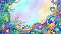 Colorful abstract flowing design with glowing orbs, gears, and organic shapes blending across pastel gradient background. Suitable for backgrounds, wallpapers, and digital design projects.