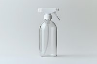 Clear glass spray bottle with white trigger sprayer on minimal white background, isolated product photography for cleaning and household supplies marketing.