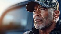 Confident mature African American man with gray beard wearing camo cap gazes thoughtfully into distance. Dramatic lighting creates powerful portrait of strength and wisdom.