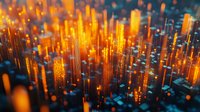 Glowing orange and blue fiber optic light pillars rising from dark surface create futuristic technology landscape with bokeh effect for business and innovation concepts.