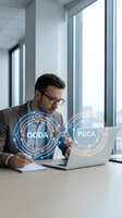 Male professional, Caucasian, wearing glasses and brown blazer, working at laptop with holographic OODA and PDCA cycle diagrams floating above desk in modern office with large windows, representing business strategy and decision-making processes.