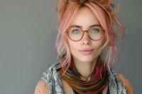 Young woman with pink hair and glasses wearing layered autumn clothing against gray background, gentle smile and natural makeup look for lifestyle and fashion content.
