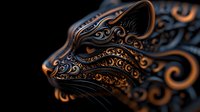 Ornate cat head sculpture with intricate swirling patterns in copper and black tones against dark background, showcasing detailed artistic craftsmanship and mystical design elements.