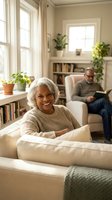 Happy senior African American woman relaxing on sofa at home with husband reading in background. Cozy living room with plants and natural light.