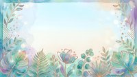 Watercolor botanical frame with pastel leaves and flowers in turquoise, purple, and gold tones on white background, isolated design element for invitations and greeting cards.