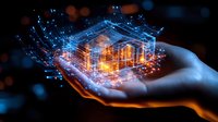Glowing digital house hologram floating above palm with streaming data and light trails, representing smart home technology and future real estate innovation.