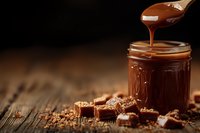 Rich chocolate sauce dripping from wooden spoon into glass jar surrounded by cocoa powder and chocolate pieces on rustic wooden surface for dessert recipes.