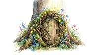 Enchanted fairy tale woodland door carved into ancient tree trunk surrounded by blooming wildflowers and magical forest foliage, suitable for children's book illustrations and fantasy storytelling.
