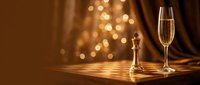Elegant champagne flute filled with sparkling wine on wooden table with warm golden bokeh lights creating luxurious celebratory atmosphere for special occasions.