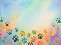 Colorful paw prints scattered across a soft watercolor gradient background transitioning from blue to pink, yellow, and purple. Suitable for pet-related designs, animal lovers' projects, and veterinary marketing materials.