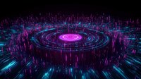 Futuristic digital arena with glowing neon circles and data streams in purple and cyan colors on black background for technology concepts.