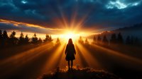 Silhouette of woman standing on hill at dramatic sunset with golden sun rays breaking through clouds over misty forest landscape. Spiritual concept.