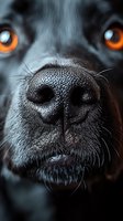 Close-up macro shot of black dog nose and amber eyes, showing detailed texture of wet snout and whiskers against dark fur background, dramatic lighting effect.