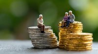 Miniature elderly figures sitting on stacks of coins representing retirement planning, financial security, and pension savings concept.