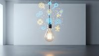 Glowing light bulb with colorful digital icons and symbols floating above representing innovation, creativity and bright ideas in modern interior.