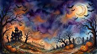 Spooky Halloween watercolor scene with haunted house, glowing pumpkins, bats, crescent moon, cemetery gate, and bare trees under dramatic night sky.