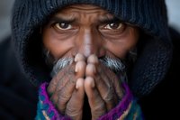 Close-up portrait of mature African American man in winter hood and colorful scarf, hands clasped near face showing contemplative, prayerful expression in dramatic lighting.